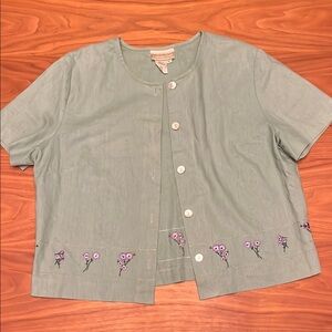 Coldwater Creek Sage Blouse with Purple Floral Detail